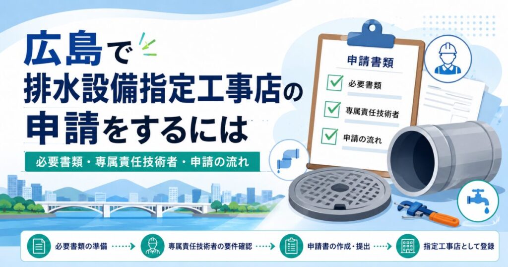 広島で排水設備指定工事店の申請を行う際の必要書類と専属責任技術者、申請の流れを示した図解