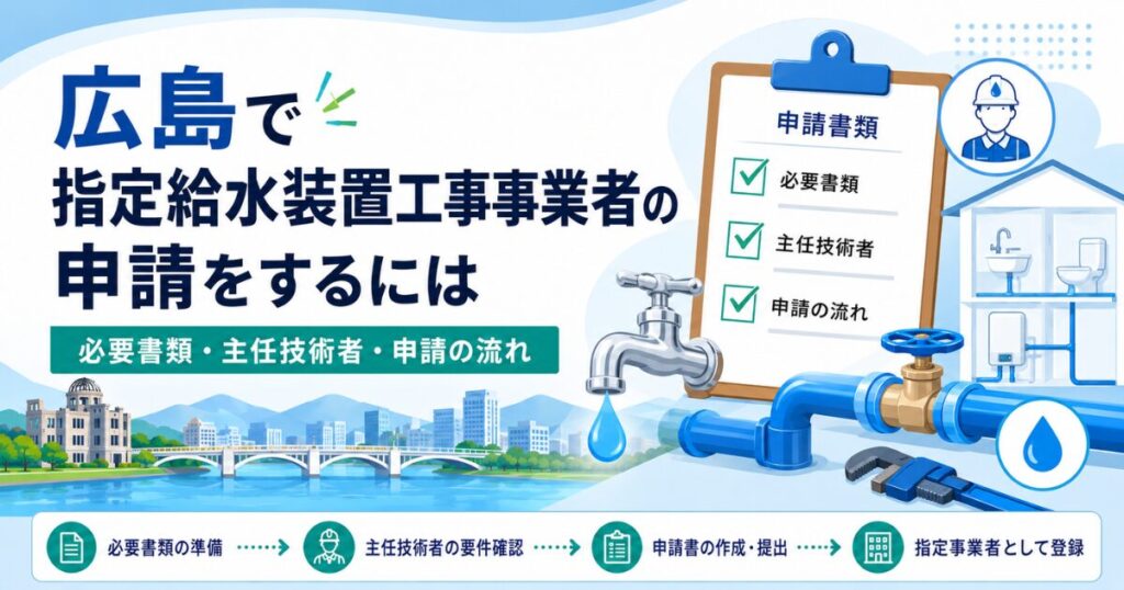 広島で指定給水装置工事事業者の申請を行う際の必要書類と主任技術者、申請の流れを示した図解
