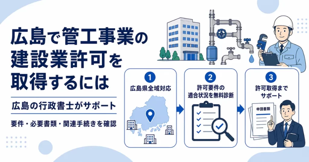 広島で管工事業の建設業許可を取得する際の要件確認、必要書類、申請サポートの流れを示した図解