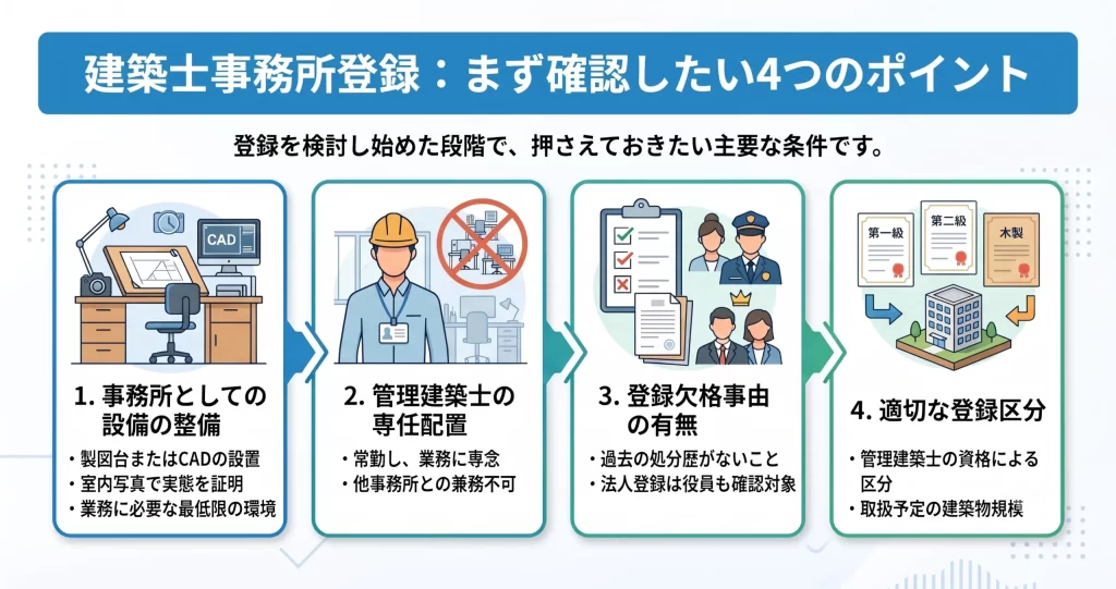 建築士事務所登録でまず確認したいポイント（設備の整備、管理建築士の専任、欠格事由の有無、登録区分）をまとめた図解