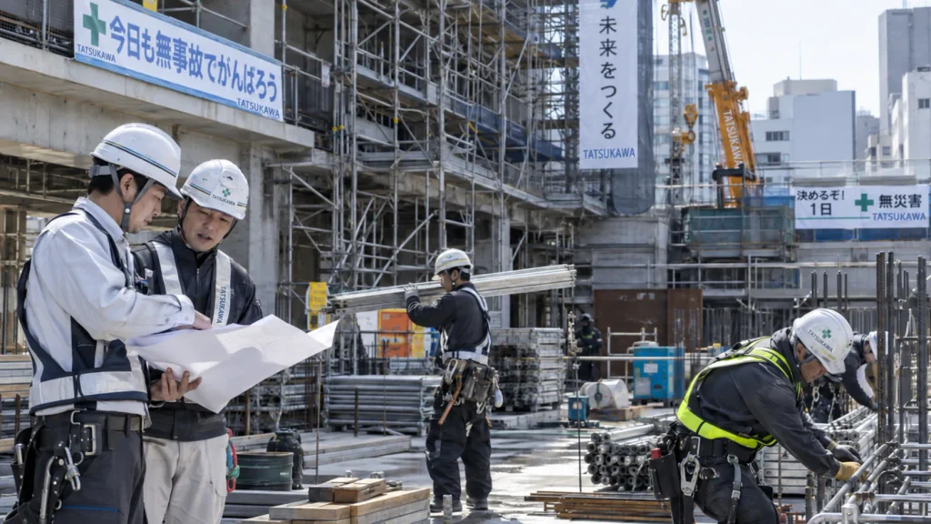 建設現場で働く職人と、図面を確認する現場スタッフの様子